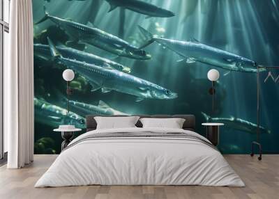 A mesmerizing school of silver barracudas swimming gracefully in the sunlight-filled, crystal-clear ocean waters. Wall mural