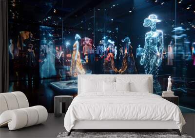 Futuristic hologram showcasing innovative and stylish designs on a virtual reality fashion runway. Wall mural