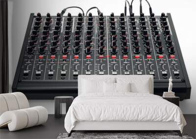 Professional audio mixer with digital display and control knobs, used for live sound mixing. Wall mural