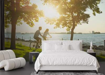 Two couples happily biking under the sun on a leisurely and relaxing ride together. Wall mural