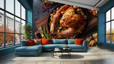 Vibrant holiday feast displayed with a perfectly golden stuffed turkey among festive decorations and tableware. Wall mural