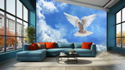 Dove in the air with wings wide open in-front of the sky Wall mural