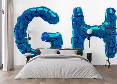 Letter set G, H made of 3d render plastic shards blue color. Wall mural