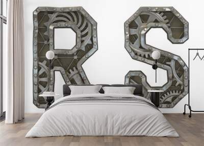 Mechanical alphabet made from rivet metal with gears on white background. Set of letters Q, R, S, T. 3D Wall mural