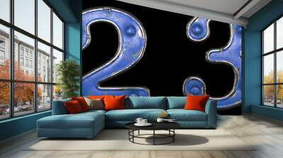 Set of numbers 2, 3 made of painted metal with blue rivets on black background. 3d Wall mural