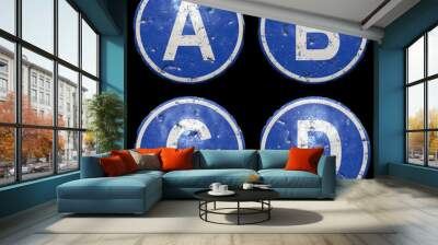 Set of public road sign in blue color with a capitol white letters A, B, C, D in the center isolated black background. 3d Wall mural