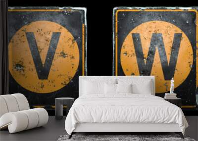 Set of public road sign orange and black color with a capital letters U, V, W, X in the center isolated on black background. 3d Wall mural