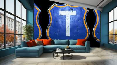 Set of Public road signs in blue and orange color with a capitol white letters S, T, U in the center isolated black background. 3d Wall mural