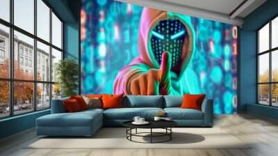 Hooded Hacker with Code Stream on Mask, Background, Cyber Safety Awareness, Digital Security, Pishing, Malware, Data Protection. Wall mural