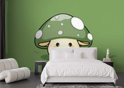 cute green baby mushrooms character. Vector cartoon illustration on a green background. Wall mural