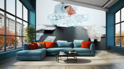 Hand, dollars and black woman with money for payment, financial investment or bribe in office. Currency, finance or business woman offering cash for banking, deal or savings, loan or money laundering Wall mural