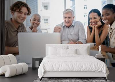 Laptop, online meeting and team speaking to their colleague on a video call in an office. Collaboration, discussion and business people planning a strategy together with a video conference call. Wall mural