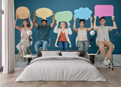 Portrait, diversity and business people with speech bubble, communication and job interview. Mockup, multiracial and signs for opinion space, recruitment and creative employees with open discussion Wall mural