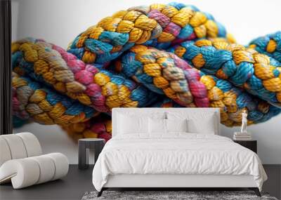 Colored thick jude rope with knot on white background, close-up image Wall mural