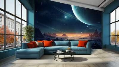 Fantasy land with uninhabited surroundings of sharp rocks and dark lake. In the night sky planet earth is seen with stars and dark sky. Fantasy picture, astro photo. Wall mural