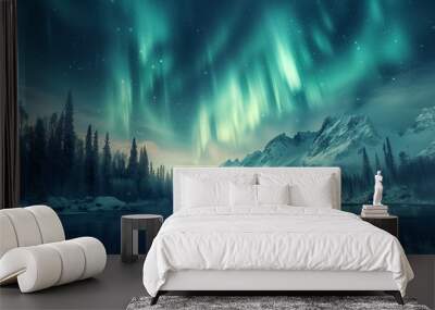 Northern Lights , Aurora Borealis dancing in the sky at night. Fantasy landscape Wall mural