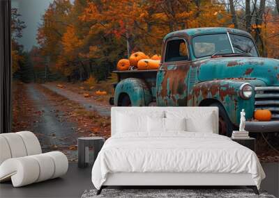 Old vintage classic truck with pumpkins and fall colors , cosy house in autumn with holiday mood Wall mural