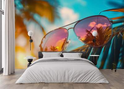 Summer holiday background , ocean and sunglasses , white sand and tropical beach , exotic vacation on summer Wall mural