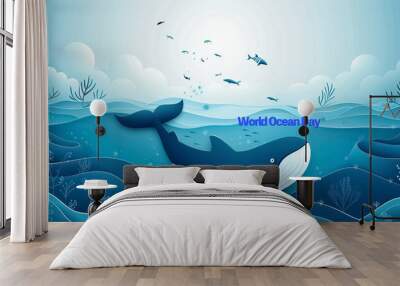 World Oceans day banner. 
World Ocean day wallpaper with blue ocean, fish and lettering. Wall mural