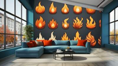 A collection of fire drawings with different flames, isolated from each other. Wall mural