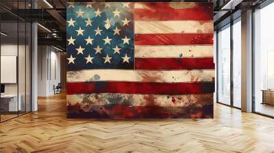 Abstract illustration of a worn American flag with a grungy texture, perfect for patriotic holidays and events. Wall mural