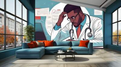 Baffled physician reviewing unsatisfactory health exam outcome. Hand-drawn illustrations in unique style. Wall mural