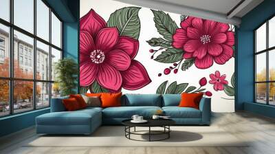 Collection of ornamental crimson flower with foliage. drawing. Wall mural