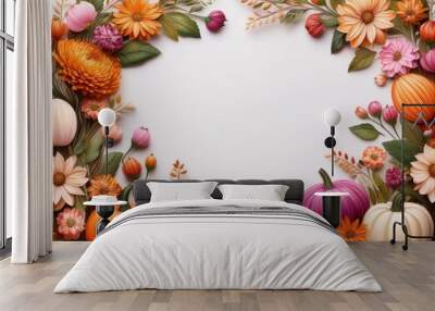 Embellished border featuring a vibrant floral display and pumpkins for autumn-themed wishes. Wall mural