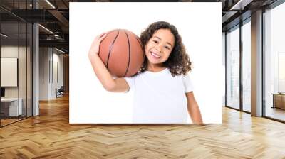 Adorable black little girl with beautiful hairstyle have fun in sport clothes play basketball Wall mural