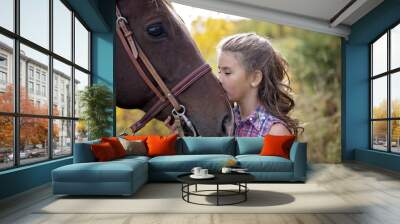 Autumn season young girl and horse Wall mural