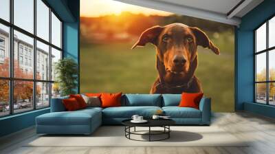 brown doberman puppy dog in the wild with sunset Wall mural