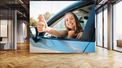 car driver woman happy owner of a new car Wall mural