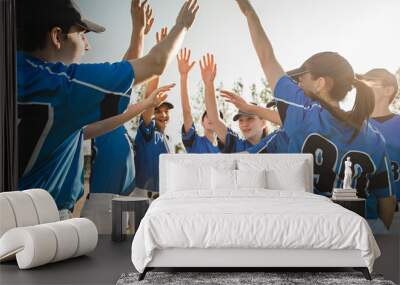 Group of baseball players standing together on the playground with hand celebration Wall mural