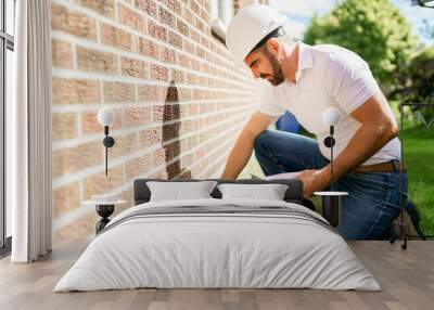 man with a white hard hat holding a clipboard, inspect house Wall mural