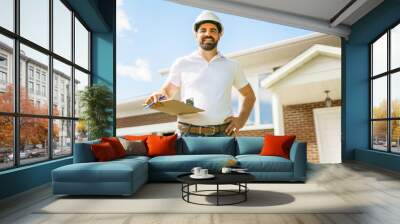 man with a white hard hat holding a clipboard, inspect house Wall mural