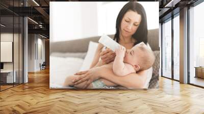 Mother holding and feeding baby from bottle Wall mural