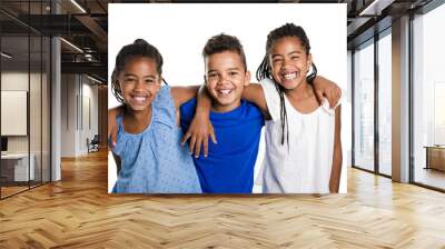 portrait of happy three black childrens, white background Wall mural