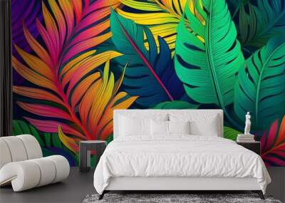 tropical background exotic fresh green summer palm leaves and plants in vivid colorful neon colors flat lay of seamless pattern generative ai Wall mural