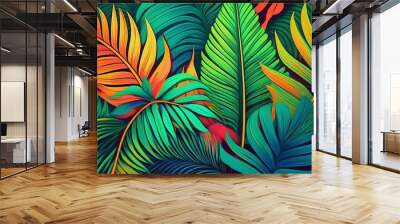 tropical background exotic fresh green summer palm leaves and plants in vivid colorful neon colors flat lay of seamless pattern generative ai Wall mural