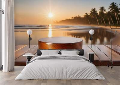 wooden podium on a tropical beach at sunrise with warm light reflecting off the water Wall mural