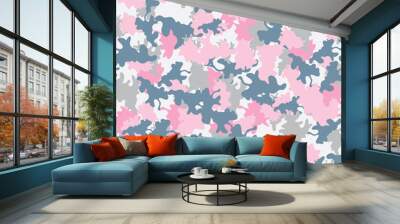 Camouflage background, seamless. Pink, grey and blue. Military fashion camo. Vector repeat. Great for home decor, wrapping, scrapbooking, wallpaper, gift, kids, apparel.  Wall mural