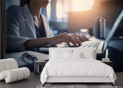 woman with white suit typing on a laptop computer Wall mural