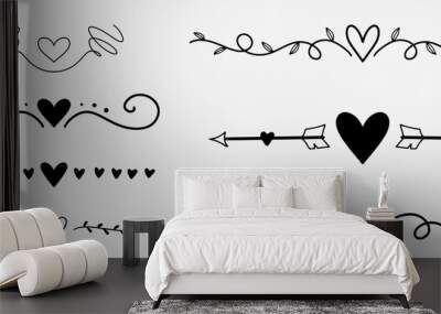 Handwritten love doodle. Decorative romantic dividers. Hand drawn romantic doodles with heart shape and arrows. Wedding decoration in drawing style Wall mural