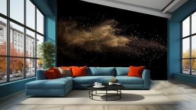 Gold dust cloud suspended in mid-air against a dark background, creating a shimmering and dynamic visual effect Wall mural