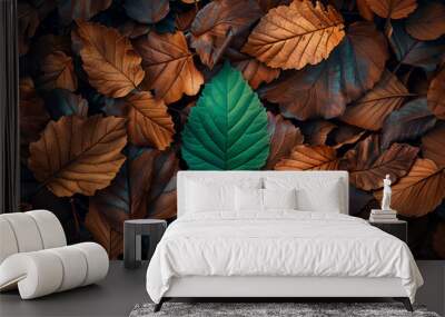 Single green leaf among brown autumn leaves Wall mural