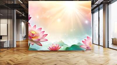 Lotus flowers under bright sunlight, vibrant and uplifting atmosphere, colorful background Wall mural