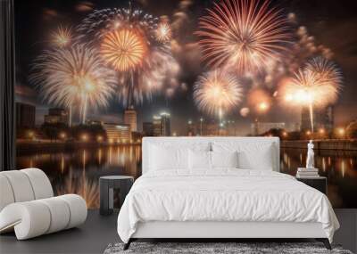 Stunning fireworks display over a city skyline reflecting on a river at night Wall mural