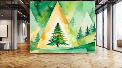 Watercolor illustration of a green forest with geometric golden mountains Wall mural