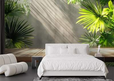 3D render empty fine teak wood table with clear mirror effect reeded glass shower screen and tropical green fan palm plants under sunlight in background for natural products display backdrop Wall mural