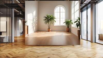 A minimalist room with a wooden floor and a soft, diffused light coming through a window, creating a serene and calming atmosphere Wall mural